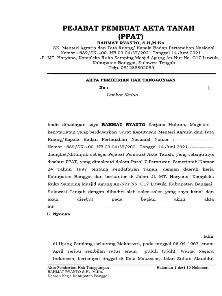 Akta Pemberian Hak Tanggungan PPAT | PDF | Pengelolaan Keuangan & Uang