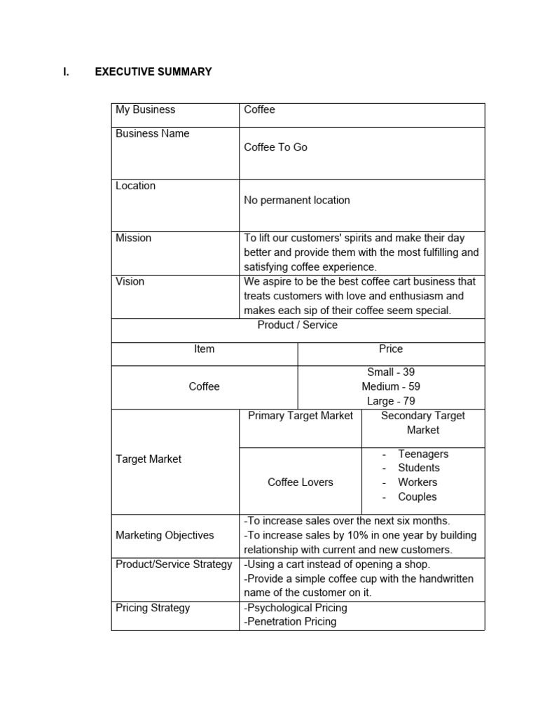 Coffee Cart Marketing Plan Template | PDF | Marketing | Pricing