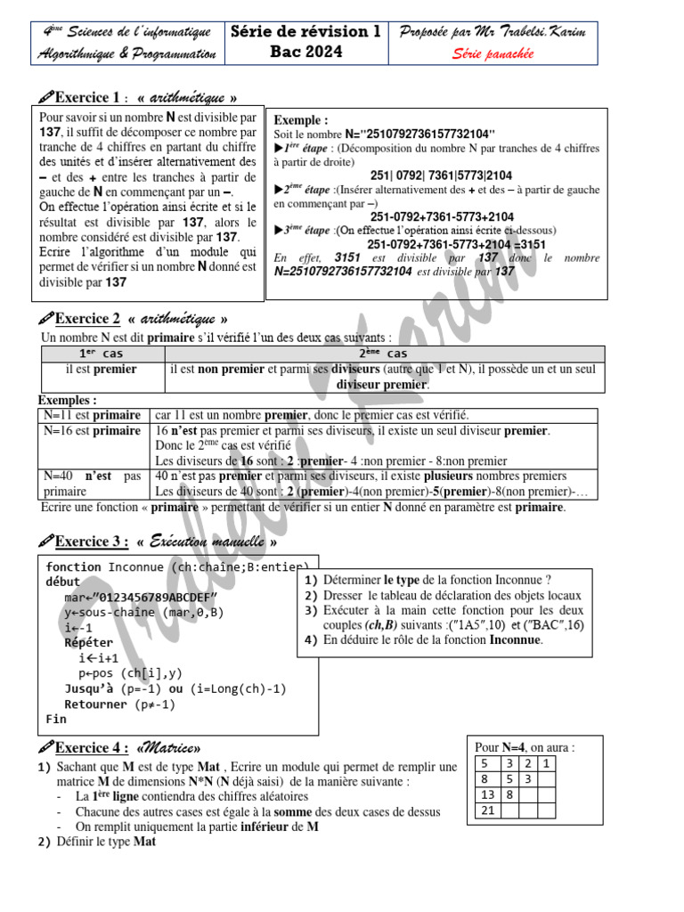 Exercice de programmation arithmétique et algorithmes | PDF | Fichier ...
