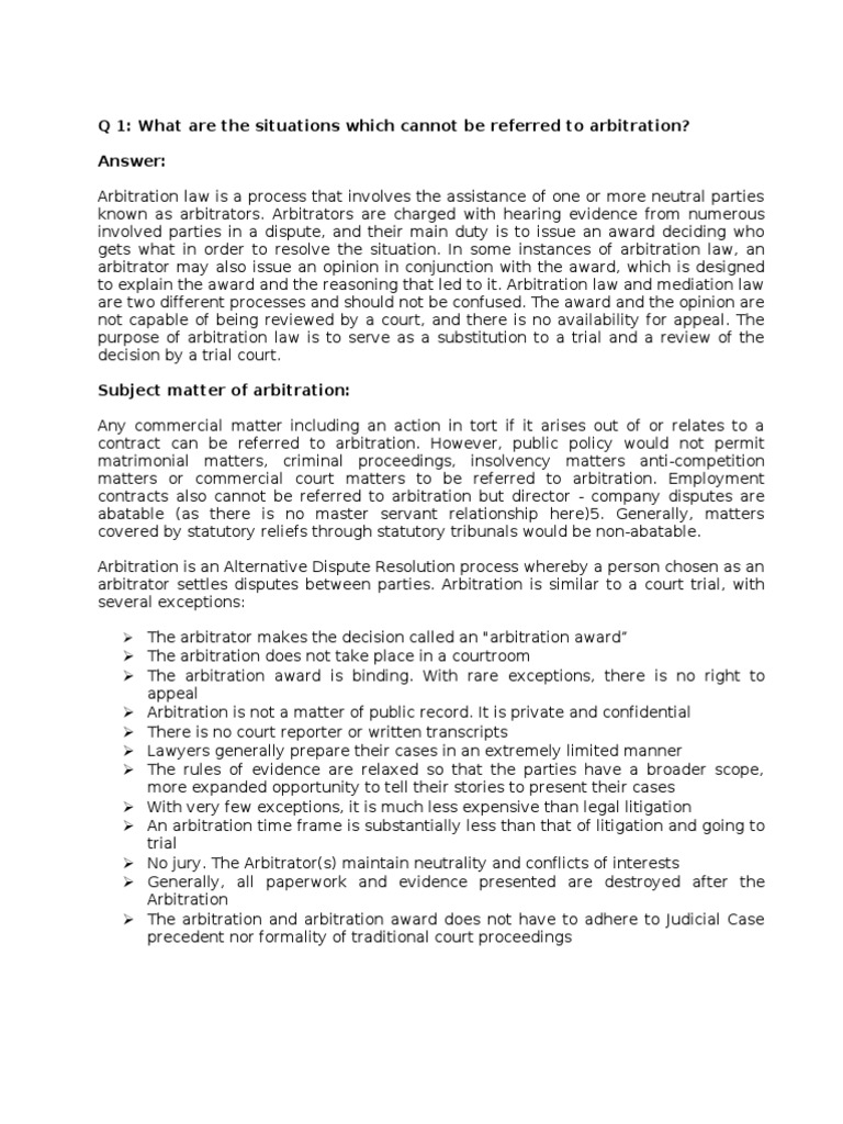 Q 1: What Are The Situations Which Cannot Be Referred To Arbitration ...