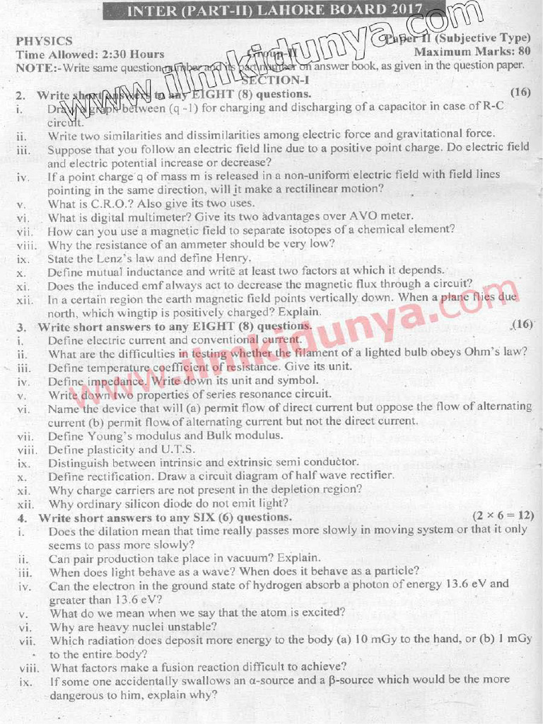 Past Papers Lahore Board 2017 Inter Part 2 Physics Group 2 English Type ...