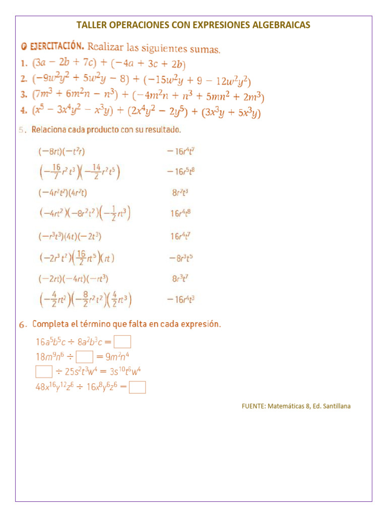 Taller Operaciones Con Expresiones Algebraicas | PDF | Métodos y ...