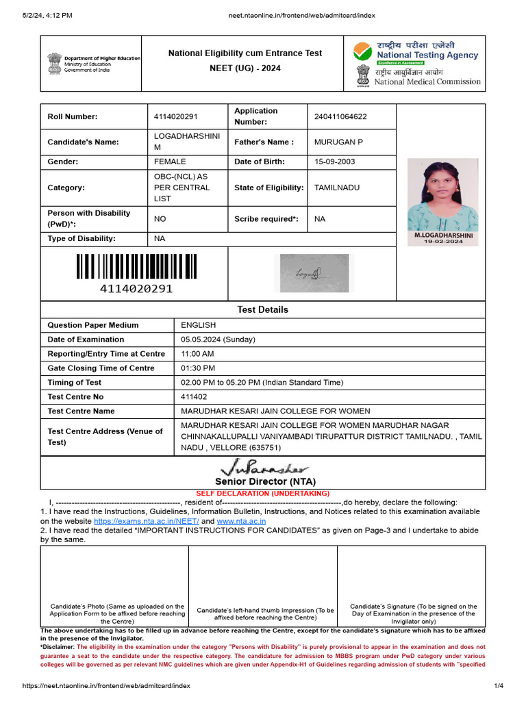 NEET 2024 Admit Card Instructions | PDF | Identity Document