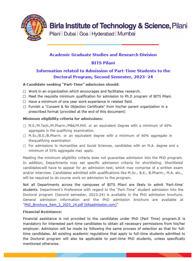 BITS Pilani Part-Time PhD Admission 2023 | PDF | Doctor Of Philosophy ...