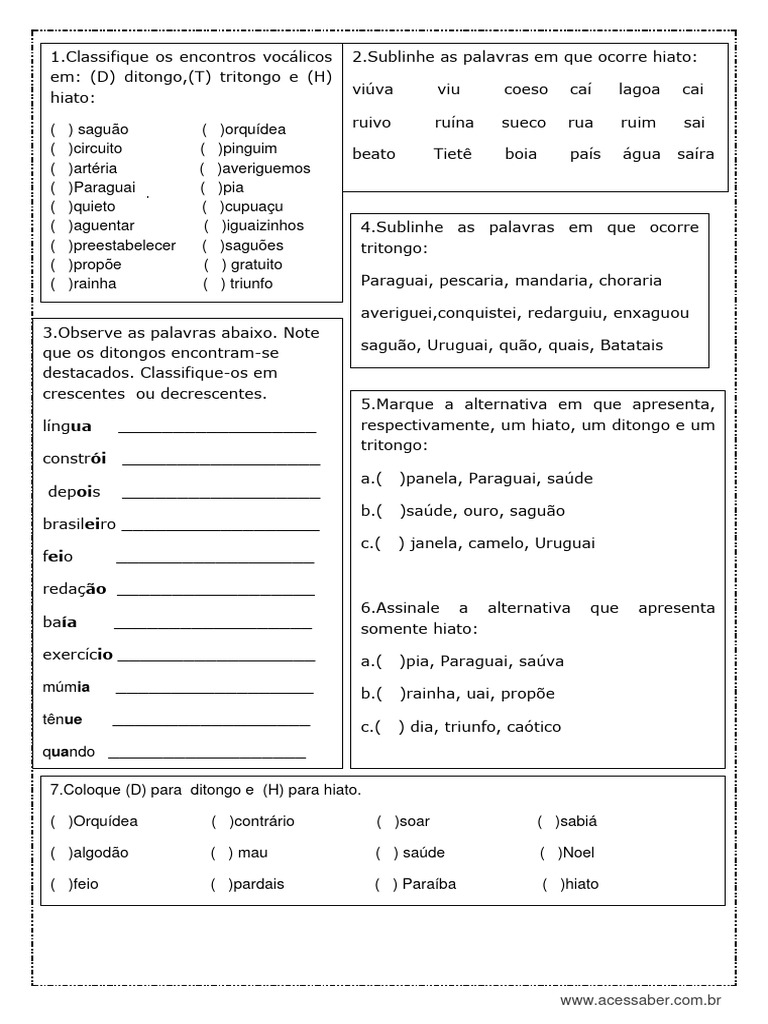 Exercícios sobre Ditongo, Tritongo e Hiato | PDF | Voz humana | Fonética