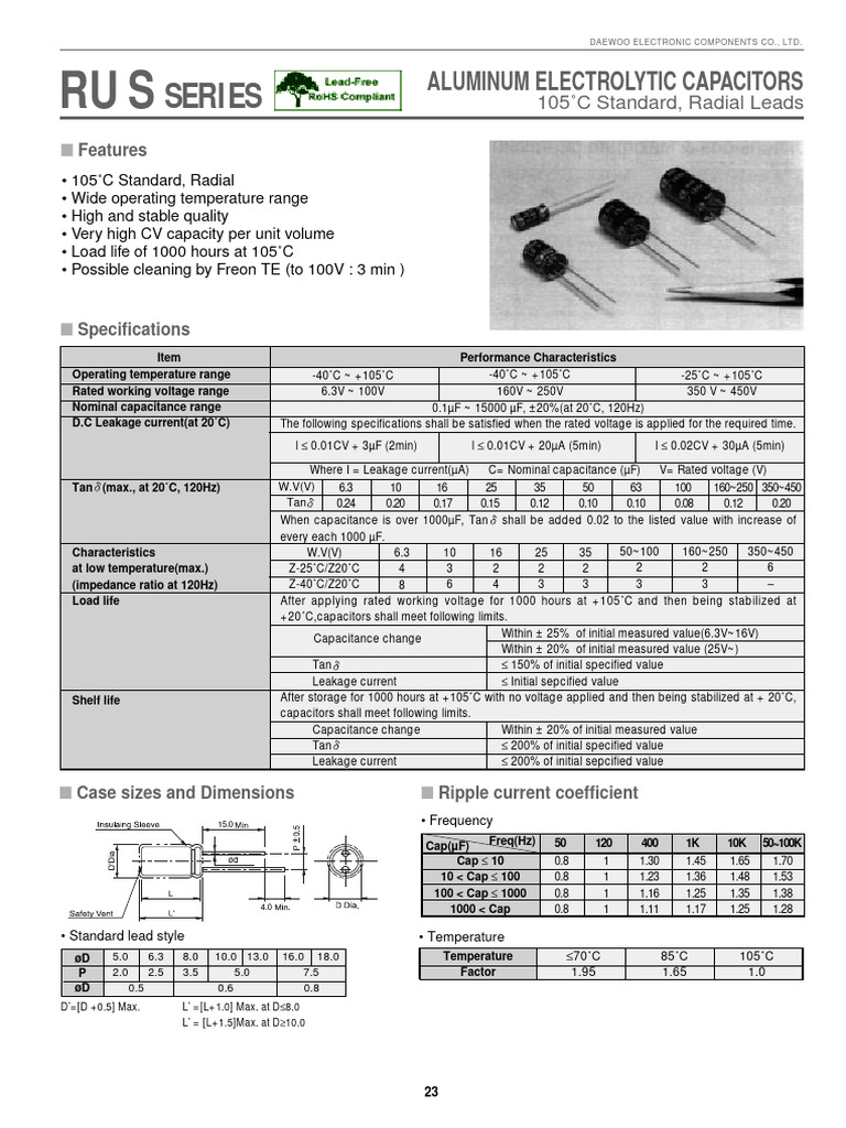 Daewoo RUS Series Capacitors Overview | PDF | Capacitor | Electrical ...