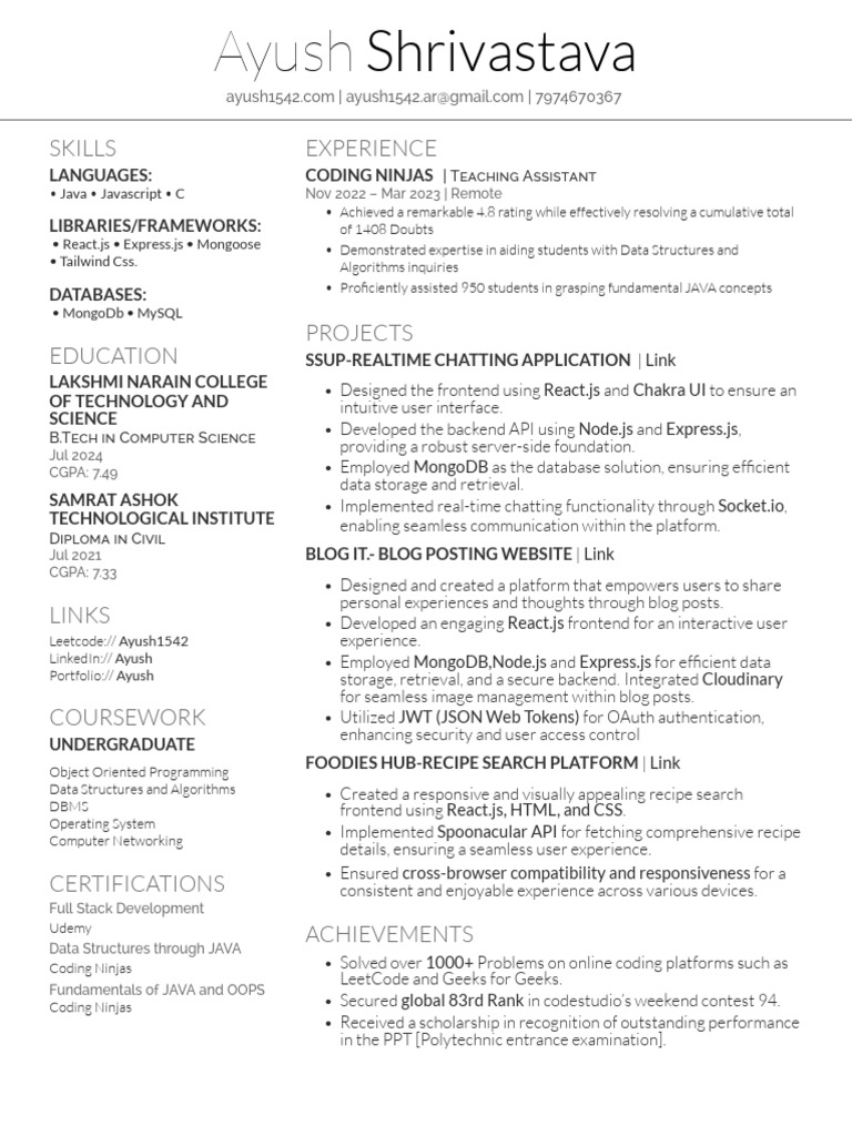 Ayush Shrivastava: Full Stack Developer Profile | PDF | Databases ...