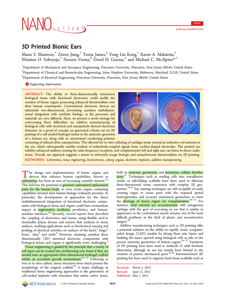 3D Printed Bionic Ear Technology | PDF | Tissue Engineering | 3 D Printing