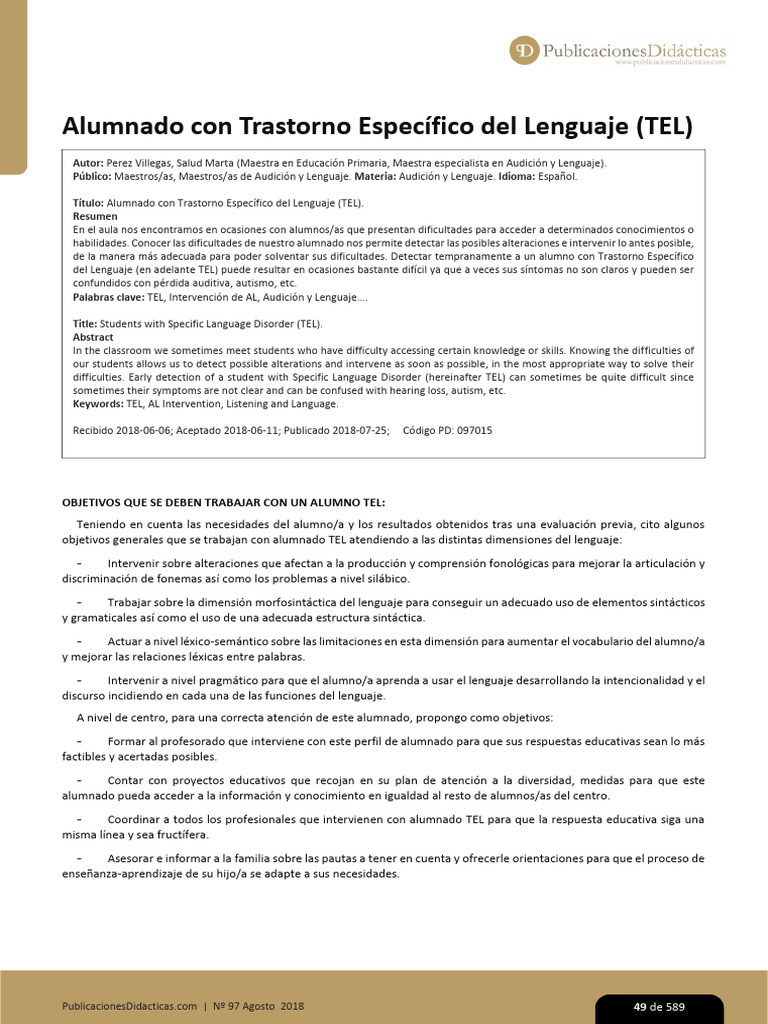 Alumno Con TEL | PDF | Aprendizaje | Comunicación