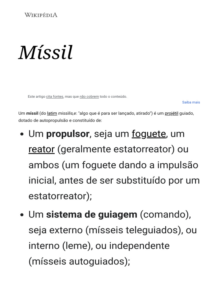 Míssil - Wikipédia, A Enciclopédia Livre | PDF | Míssil | Voo
