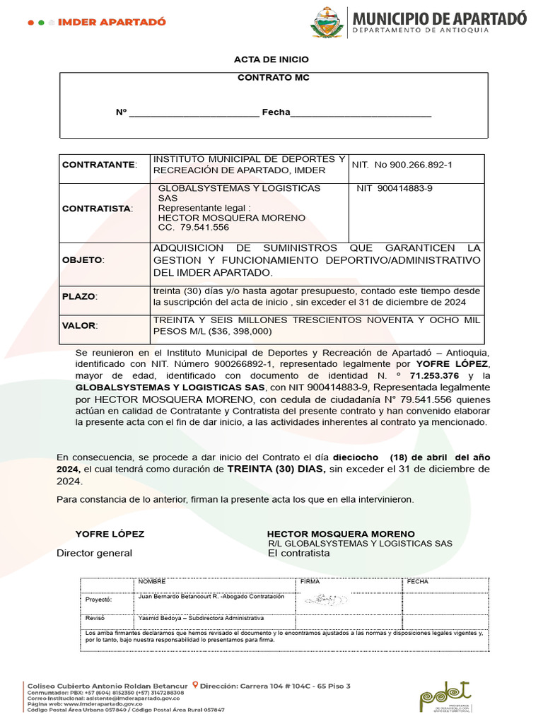 Acta de Inicio Contrato IMDER 2024 | PDF | Documento de identidad ...