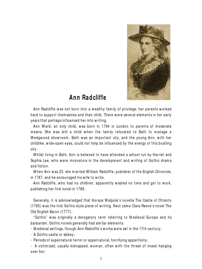 Ann Radcliffe Biography PDF Ann Radcliffe Gothic Fiction