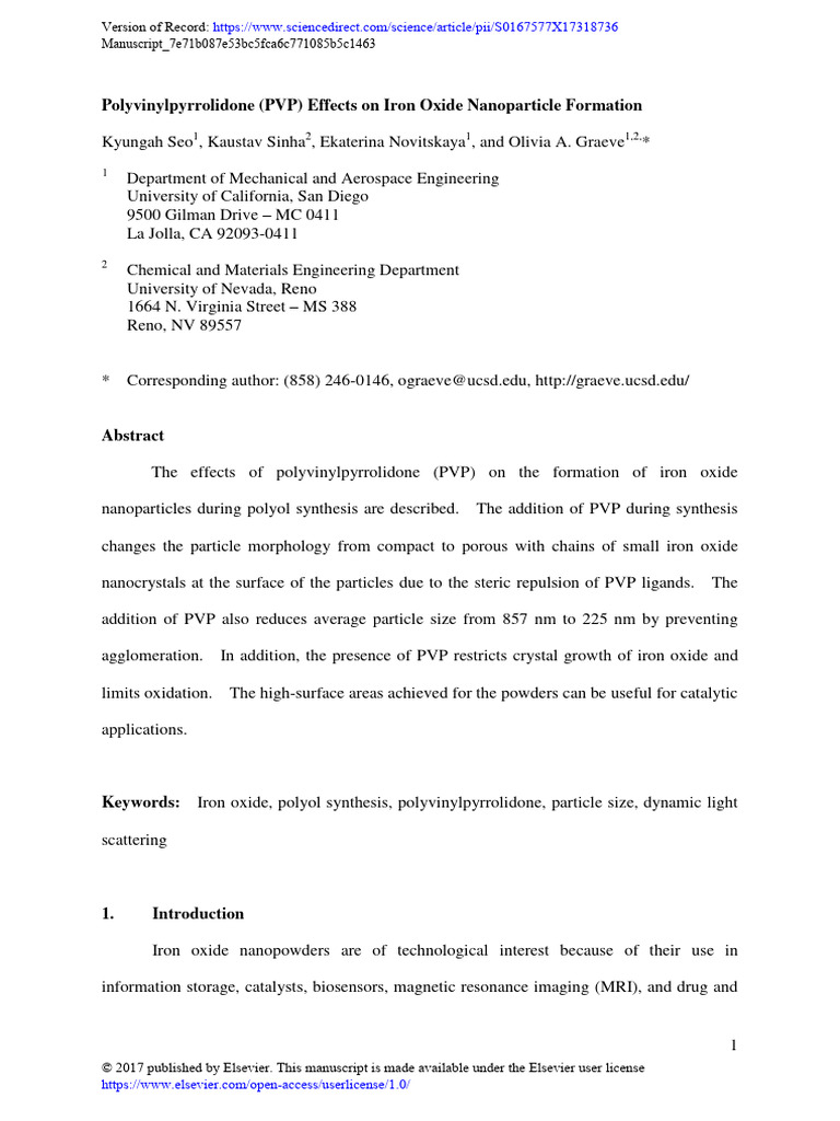 PVP's Role in Iron Oxide Nanoparticle Synthesis | PDF | Nanoparticle ...