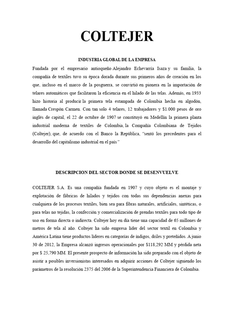 Historia y Negocios de Coltejer S.A. | PDF | Textiles | Industria textil
