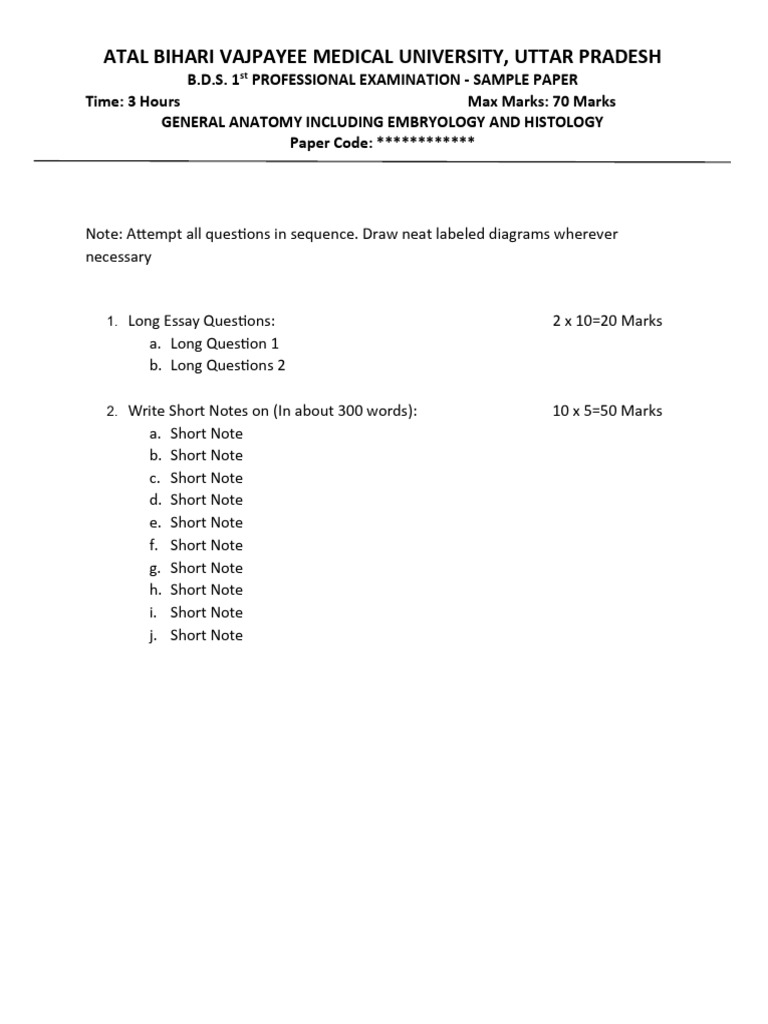 BDS 1st Professional Examination Sample Paper General Anatomy Including ...