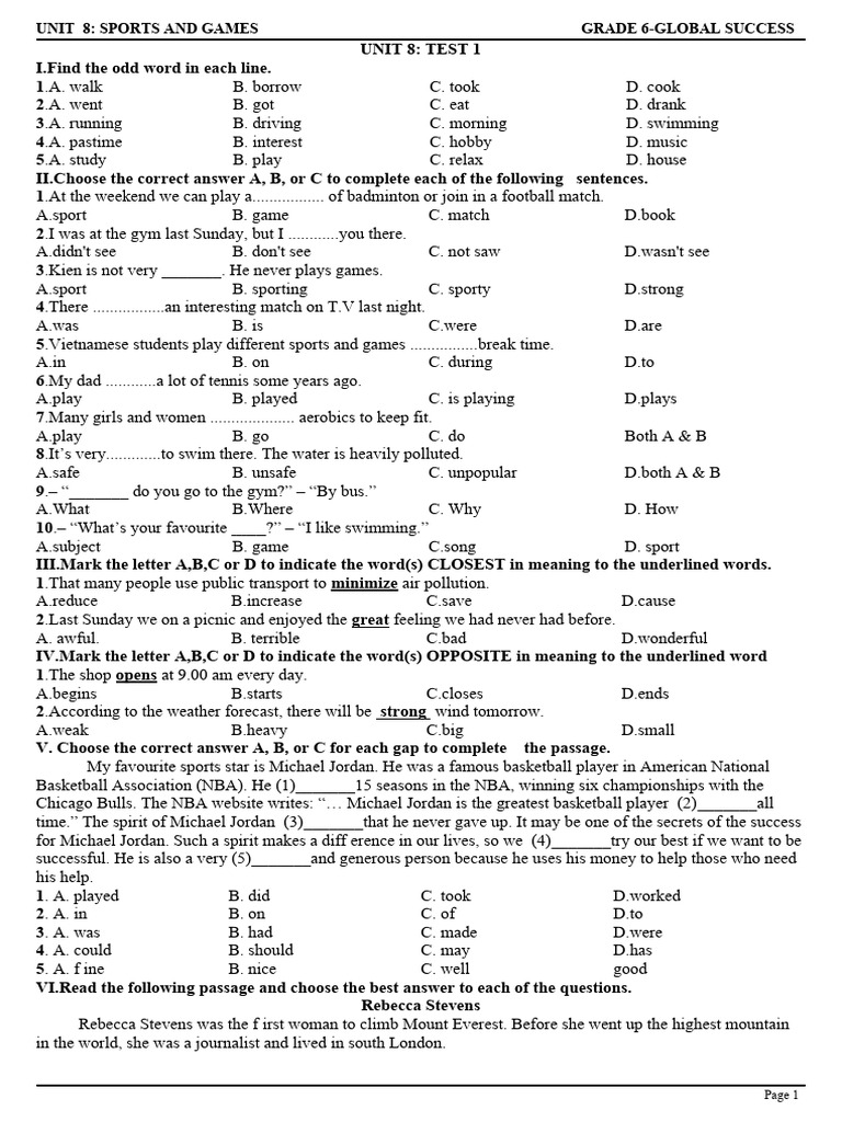 Unit 8 Practice Test | PDF | Supermarket | Sports