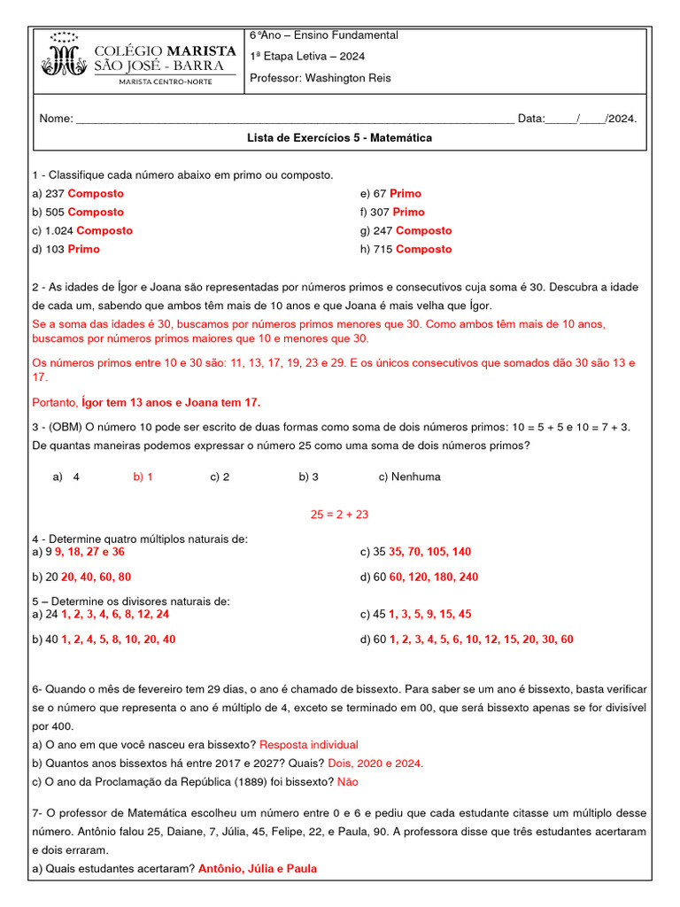Exercícios de Números Primos e Compostos | PDF | Número primo | Planetas