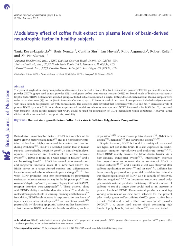 Modulatory Effect of Coffee Fruit Extract on Plasma Levels of BDNF PDF