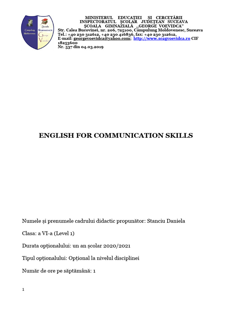 Opțional English For Communication Skills - Level 1 | PDF