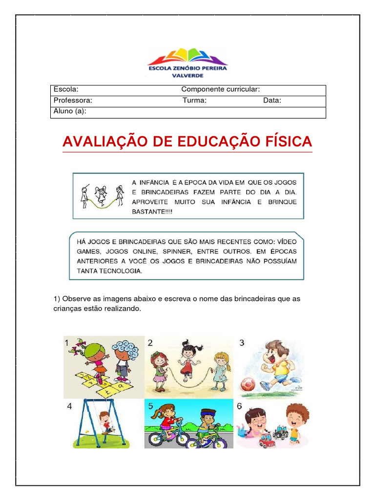 Avaliação de Educação Física - 2º Ano | PDF | Esportes e Recreação