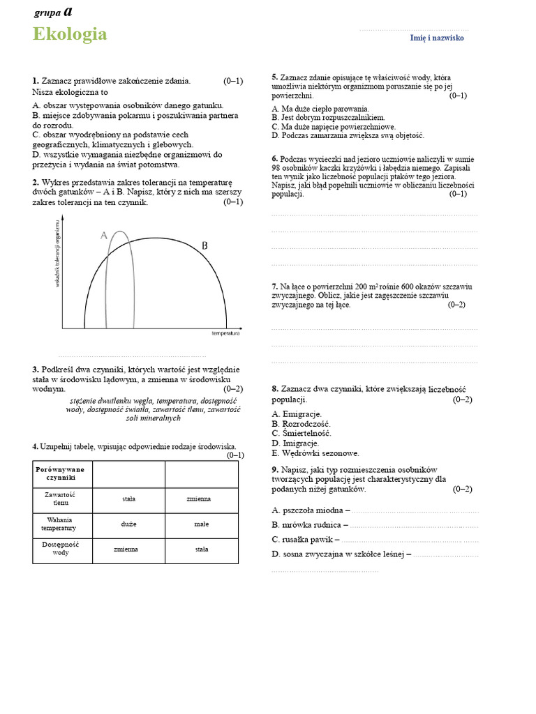 Ekologia Sprawdzian Klasa 8 Magdalena Talik - Microsoft Word - Sprawdzian- Ekologia Gr A | PDF