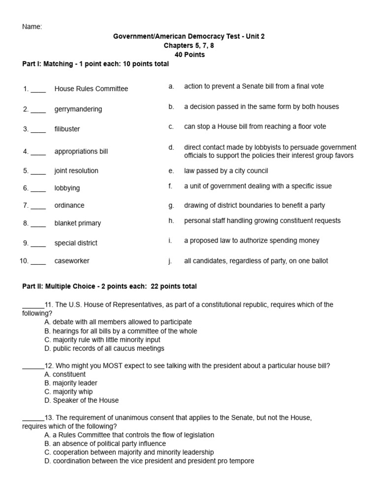 Government Test: U.S. House Overview | PDF | United States Congress ...