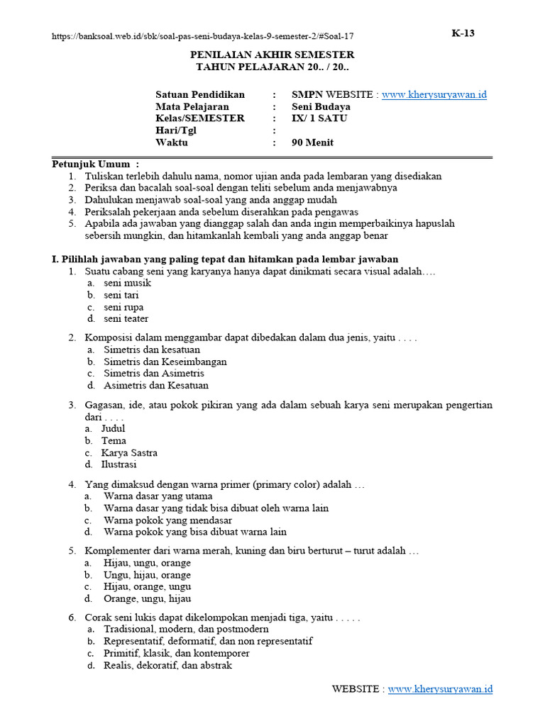 Ujian Seni Budaya Kelas 9 Semester 1