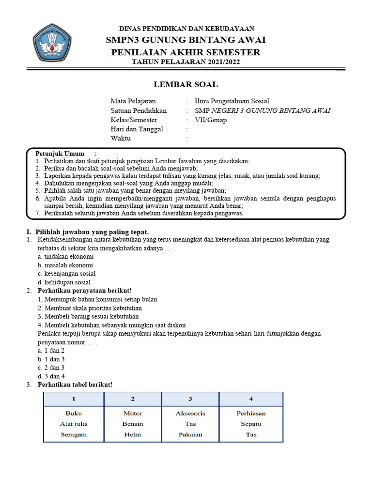 Soal Penilaian Akhir Semester IPS SMP | PDF