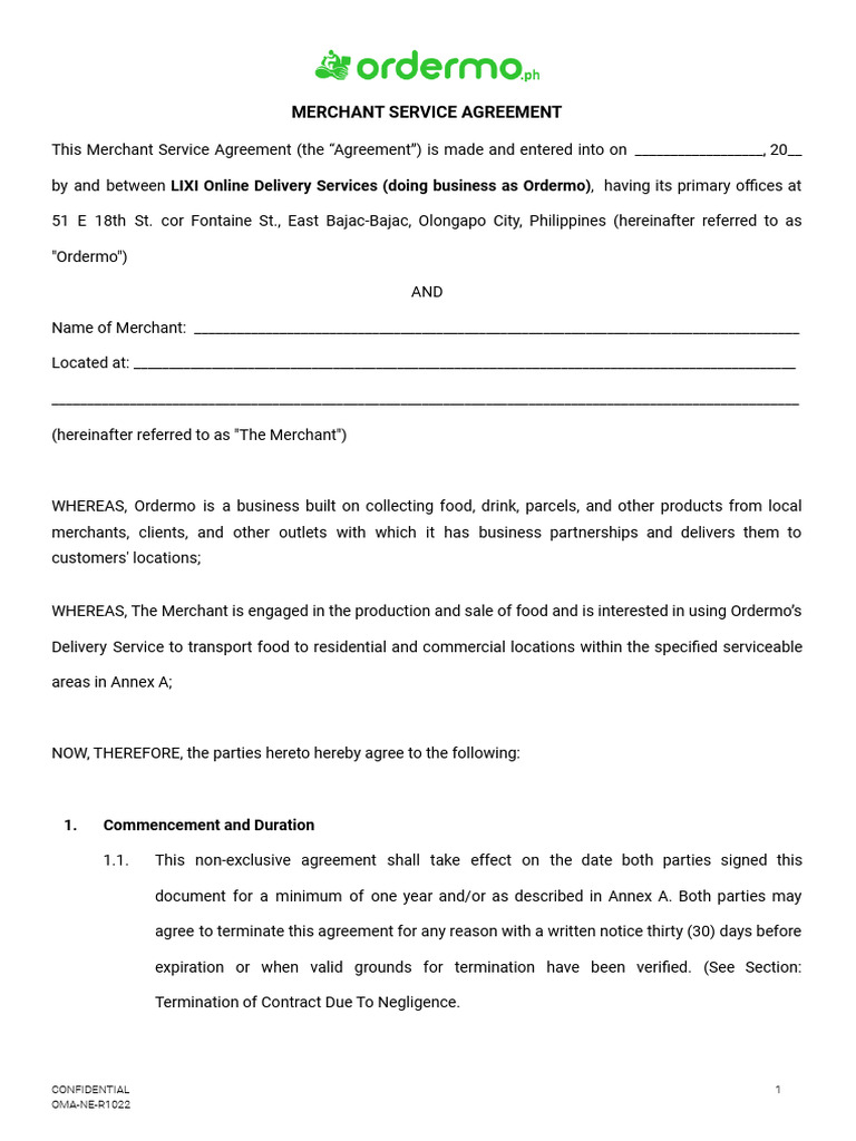 Merchant Service Agreement with Ordermo | PDF | Receipt | Indemnity