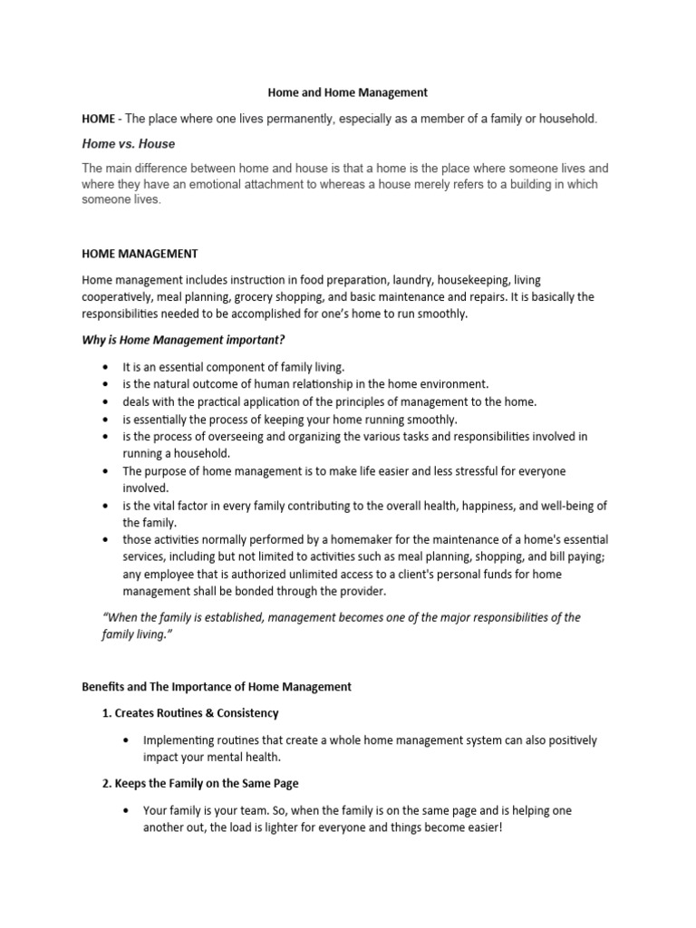 Importance of Home Management | PDF | Behavioural Sciences | Social ...