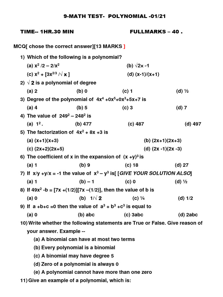 9 Test Math Poy 01 | PDF | Factorization | Polynomial