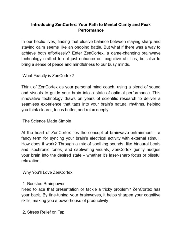 ZenCortex: Boost Mind & Relaxation | PDF | Mind | Psychology