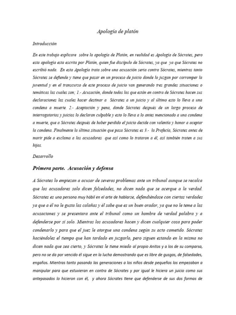 Trabajo de Nico de La Apologia de Platon | PDF | Disculpa (Platón ...