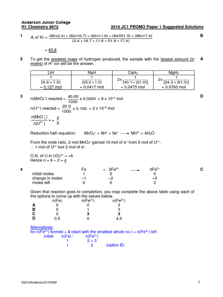 J1 Promos 2016 Paper 1 Answers | PDF | Reaction Rate | Chemical Polarity