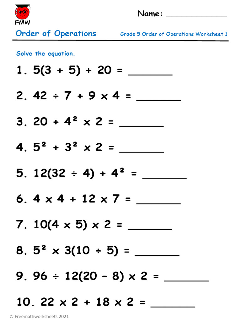 Grade 5 Order of Operations Worksheet 1 | PDF