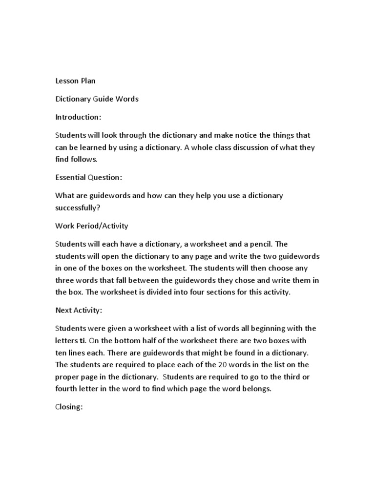 Guide Words Library Lesson Plan
