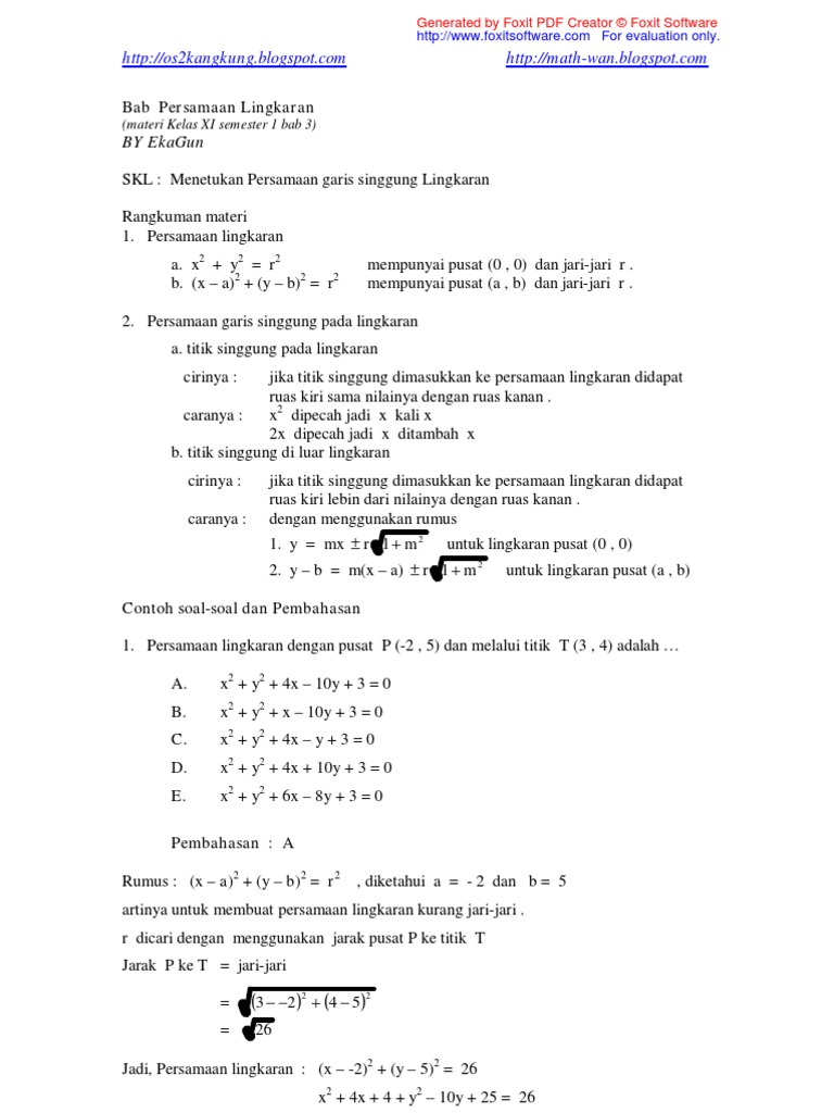 Contoh Soal Persamaan Lingkaran Dan Penyelesaiannya