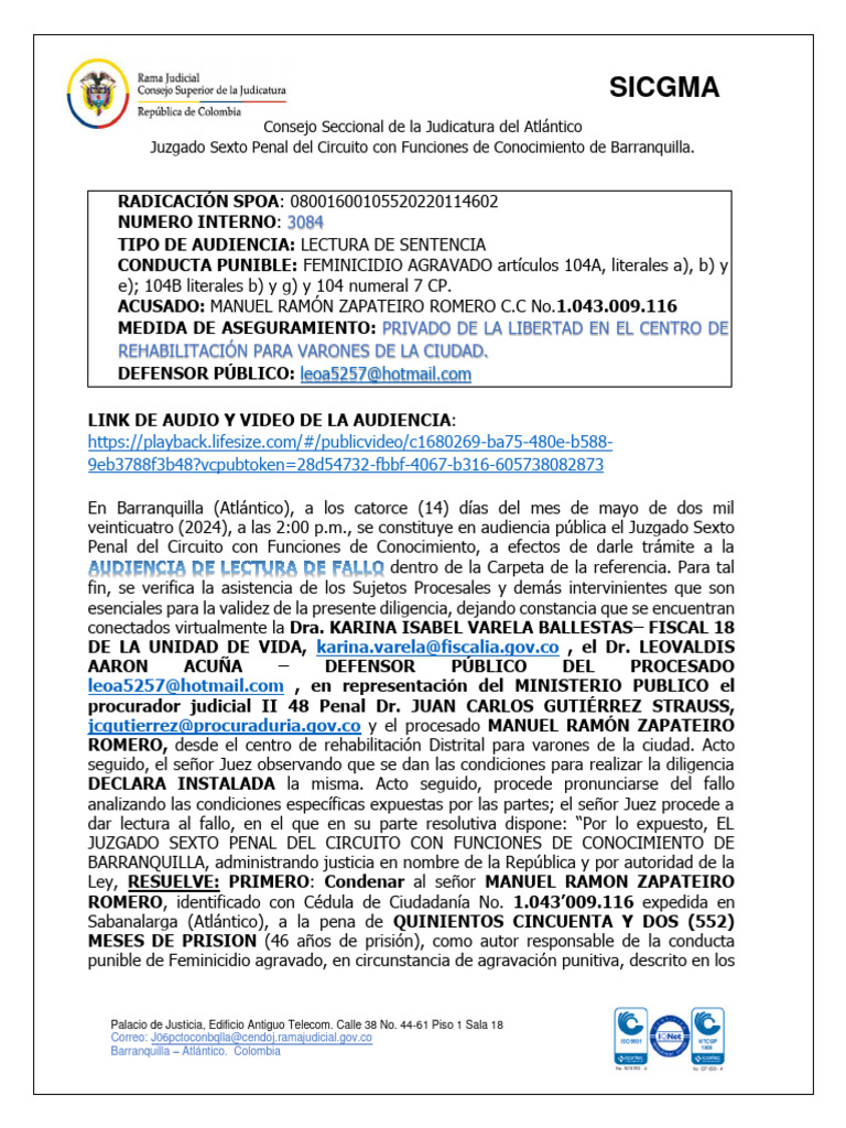 Audiencia de Lectura de Sentencia Manuel Zapateiro | PDF | Prisión