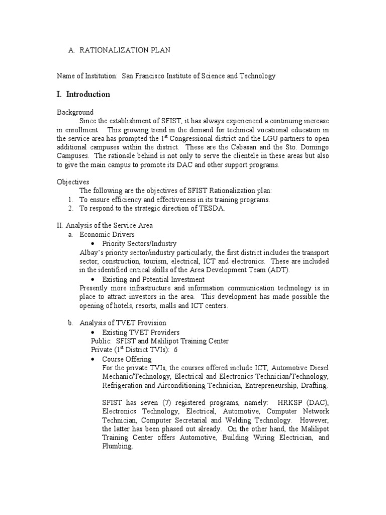 SFIST Rationalization Plan | PDF