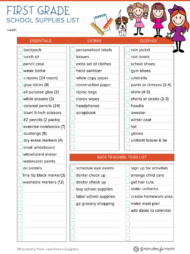 First Grade School Supplies List PDF