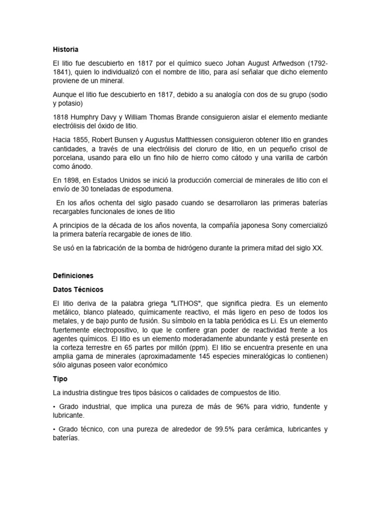 Historia y Usos del Litio en la Industria | PDF | Litio | Minería
