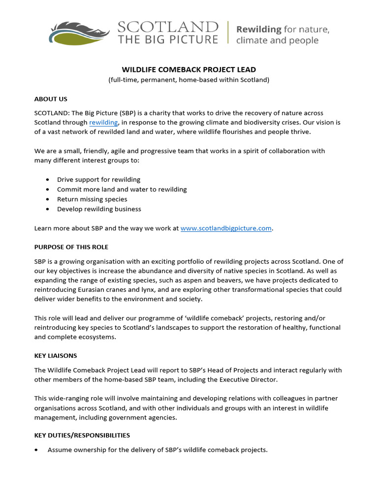 Wildlife Comeback Project Lead Role PDF Natural Environment