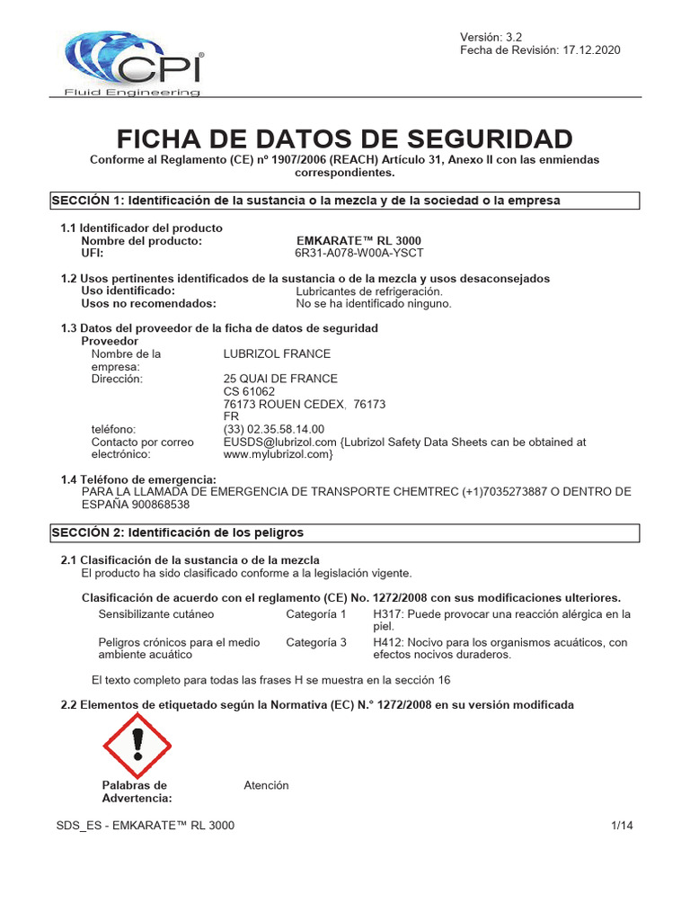 Msds Emkarate RL 3000 | PDF | Guante | Agua