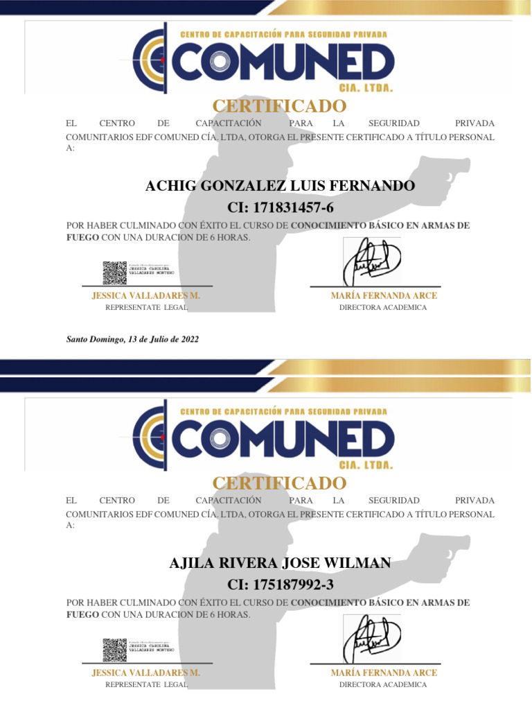 Certificados de Curso en Armas de Fuego | PDF | Derecho