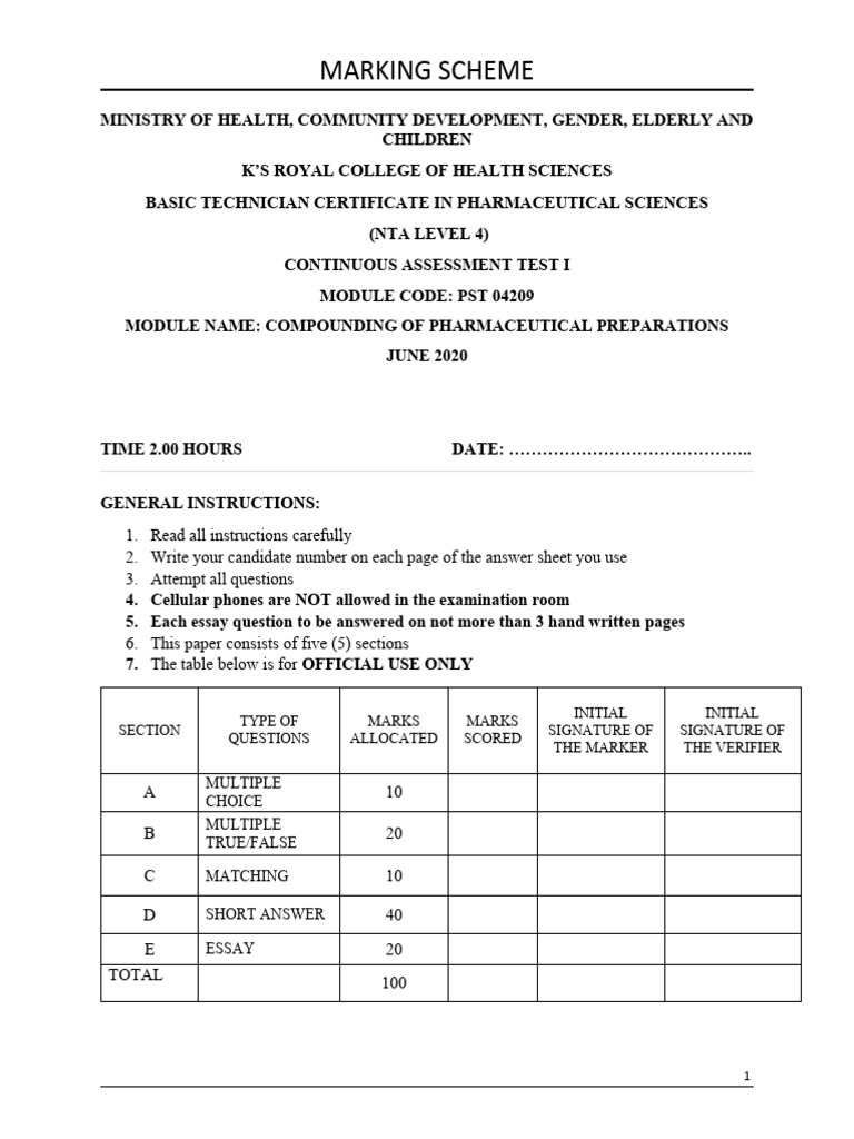 Compounding Assessment Marking Scheme | PDF | Acid | Tablet (Pharmacy)
