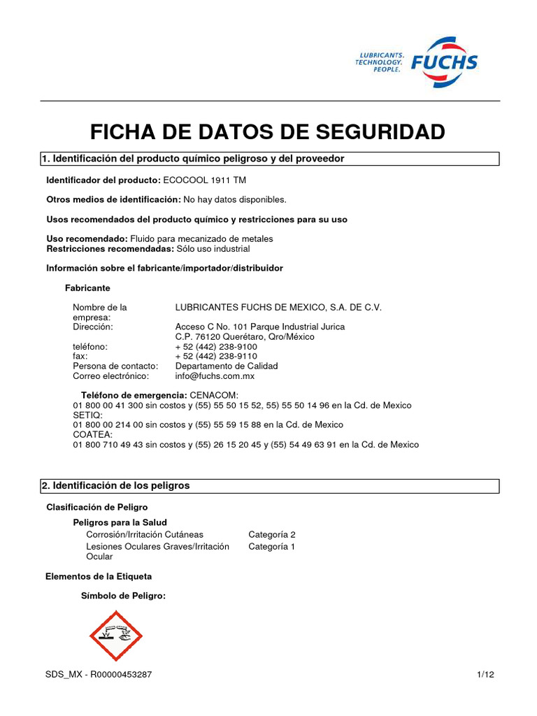 ECOCOOL - 1911 - TM-sds-esp-ACEITE FUCH | PDF | Contaminación | Agua