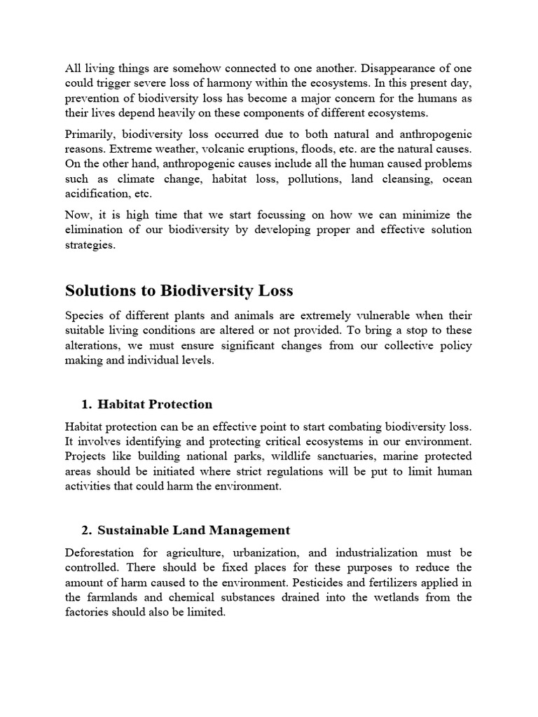 Solutions to Combat Biodiversity Loss | PDF | Habitat Destruction ...