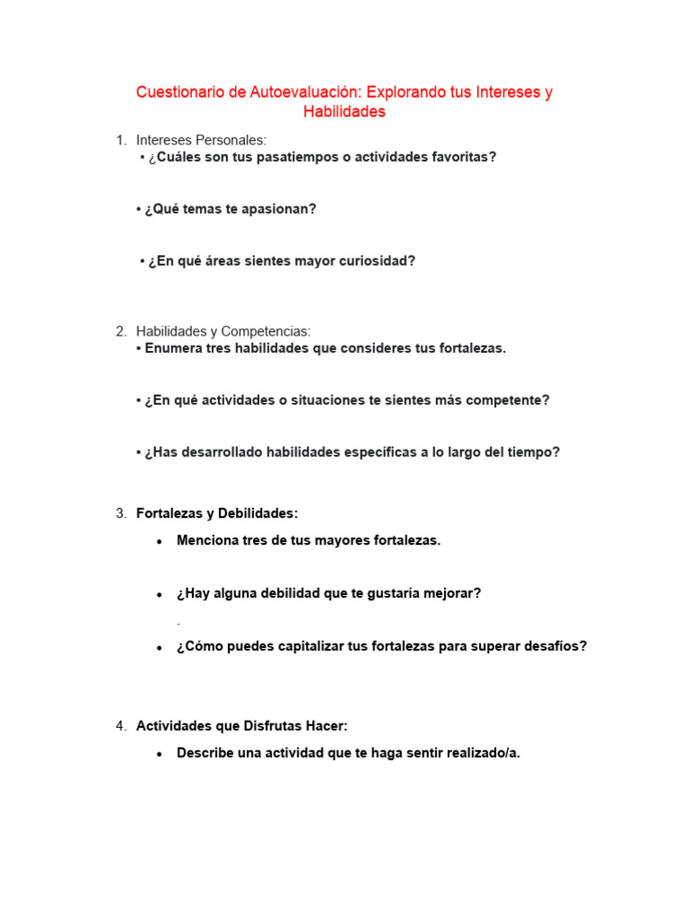 Cuestionario de Autoevaluación Personal | PDF