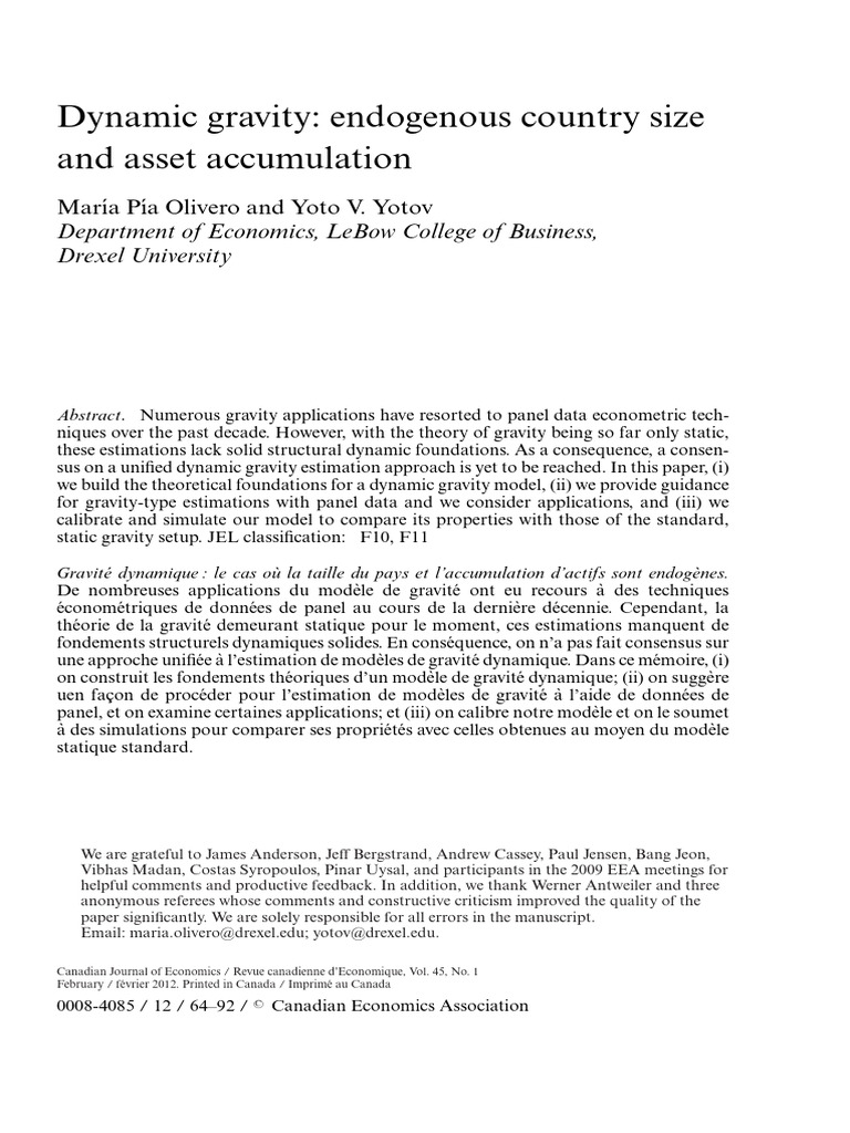 Canadian J of Economics - 2012 - Olivero - Dynamic Gravity Endogenous ...