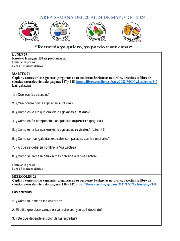 Tarea Semana Del 20 Al 24 de Mayo 2024 | PDF | Arte | Ciencia y matemáticas
